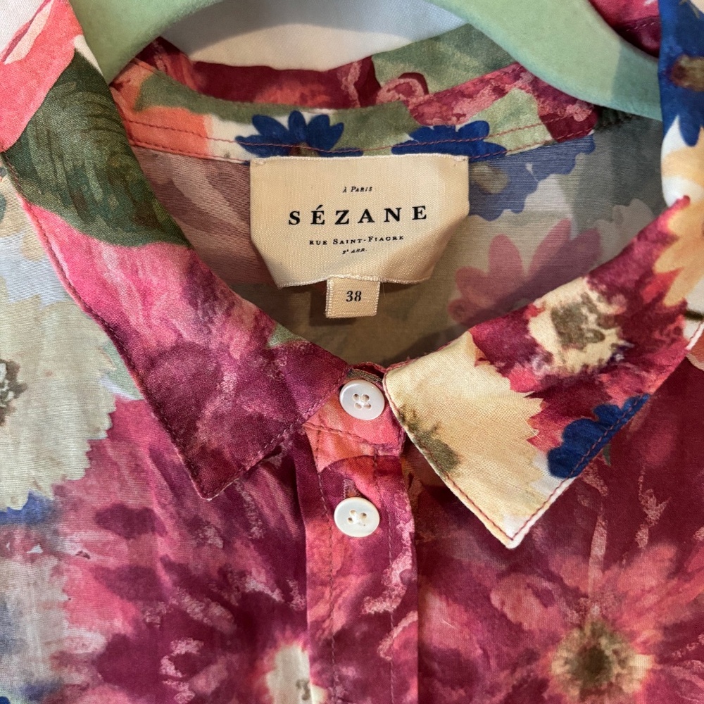 SEZANE PIERRO SHIRT PINK CREATION multicolor floral cotton SILK SZ38 us6
